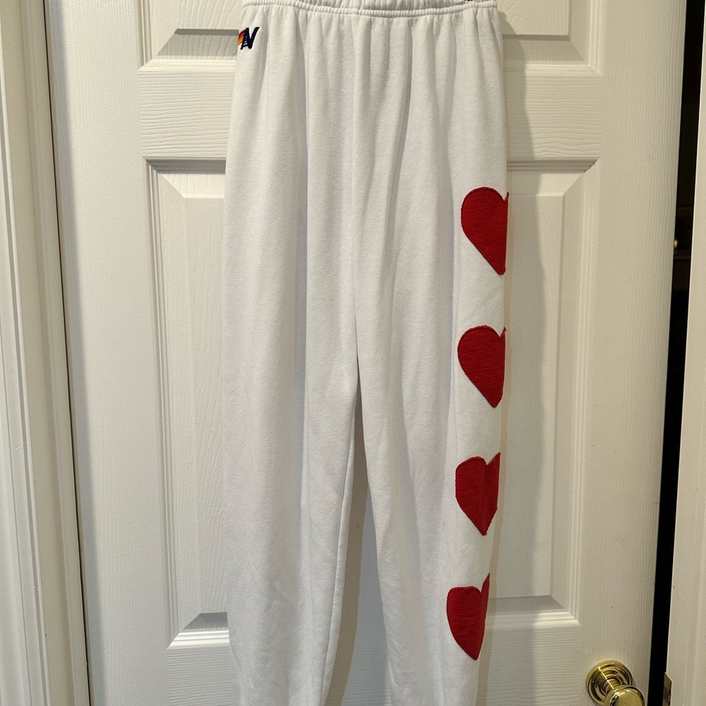 Aviator Nation White Sweatpants with Red Hearts